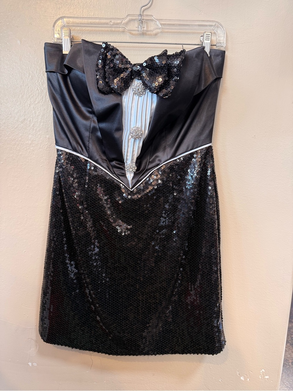 Mac Duggal Couture Black Sequin Tuxedo Bow Tie Dress Size 8